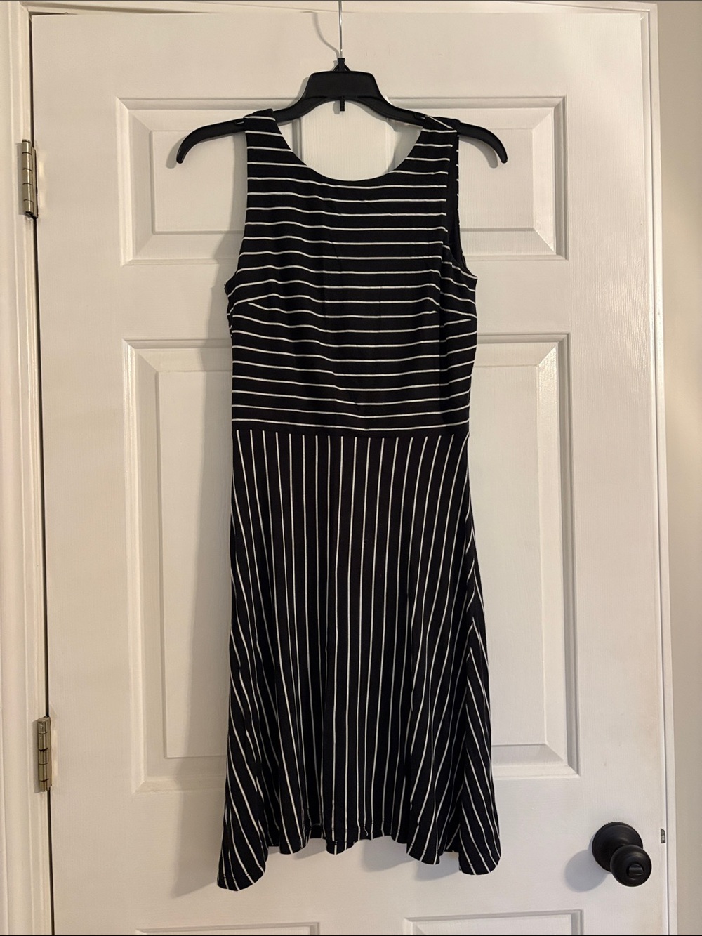 LOFT Sleeveless Black & White Striped Fit-and-Flare Dress with Twist and Cutout